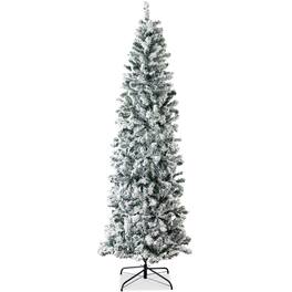 Best Choice Products - 7.5ft Snow Flocked Artificial Pencil Christmas Tree Holiday Decoration w/ Metal Stand - Green