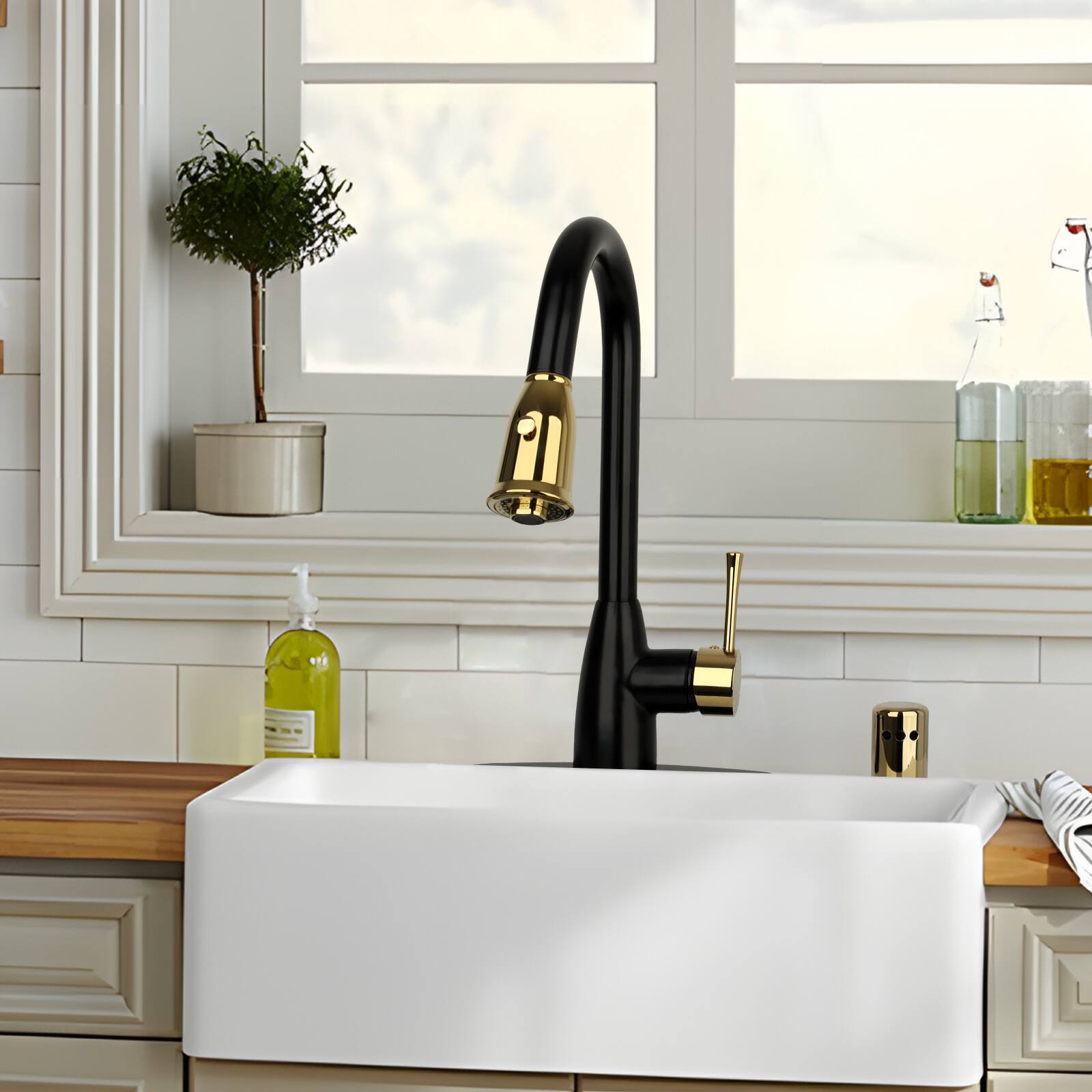 Alt View 7. Akicon - Akicon One-Handle Solid Brass Kitchen Faucet with Pull Down Sprayer in Matte Black & Gold - Matte Black & Gold.