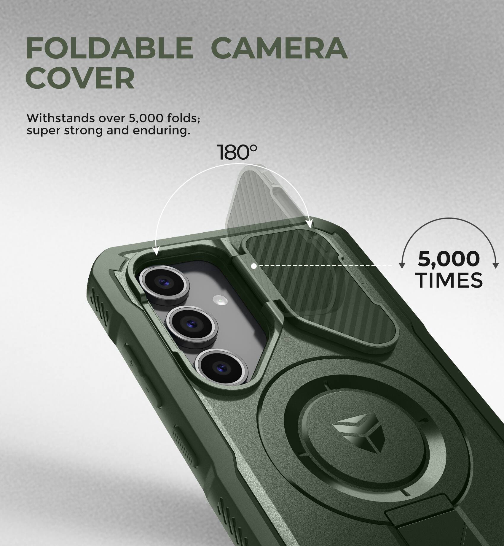FOLDABLE CAMERA COVER

Withstands over 5,000 folds; super strong and enduring.

180°

5,000 TIMES
