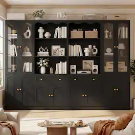 Aheaplus - 102.2'' Wide Pantry Cabinet 4-Piece Set with 2 Drawers, 10 Doors, and Adjustable Shelves - Black