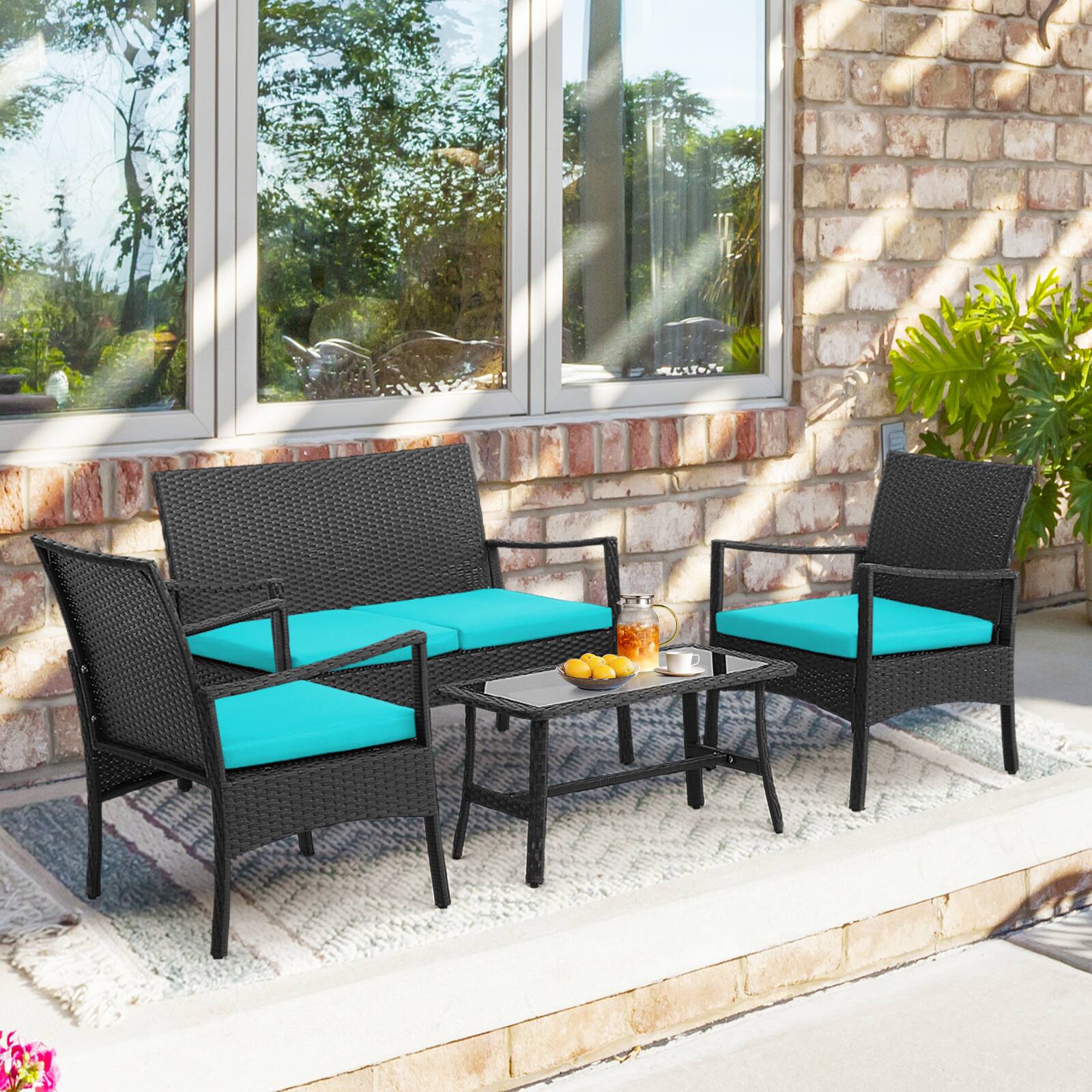 Alt View 3. Costway - Costway 8PCS Patio Wicker Furniture Set Cushioned Chairs& Loveseat with Coffee Table Garden - Turquoise.