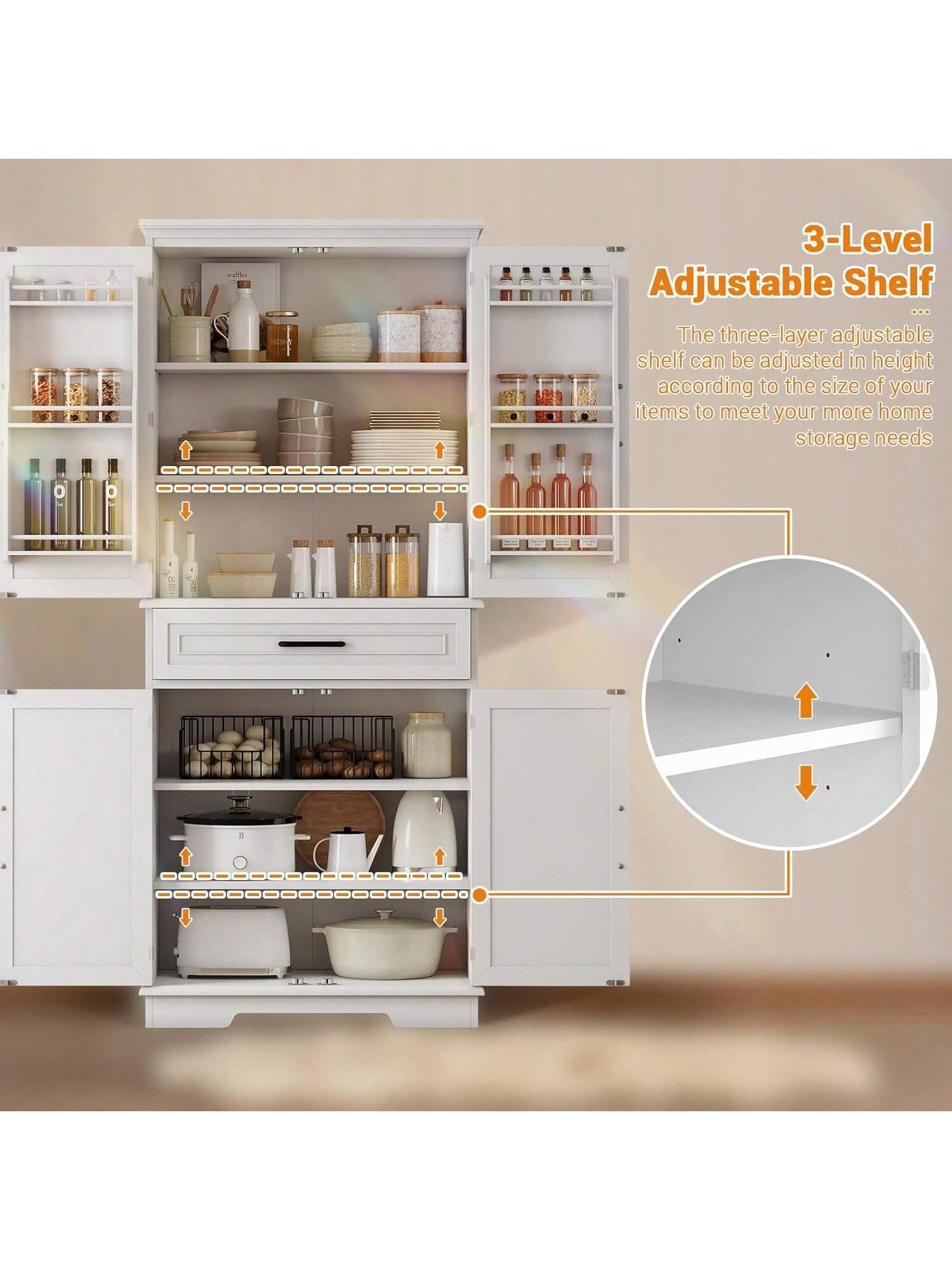 3-Level Adjustable Shelf

The three-layer adjustable shelf can be adjusted in height according to the size of your items to meet your more home storage needs.