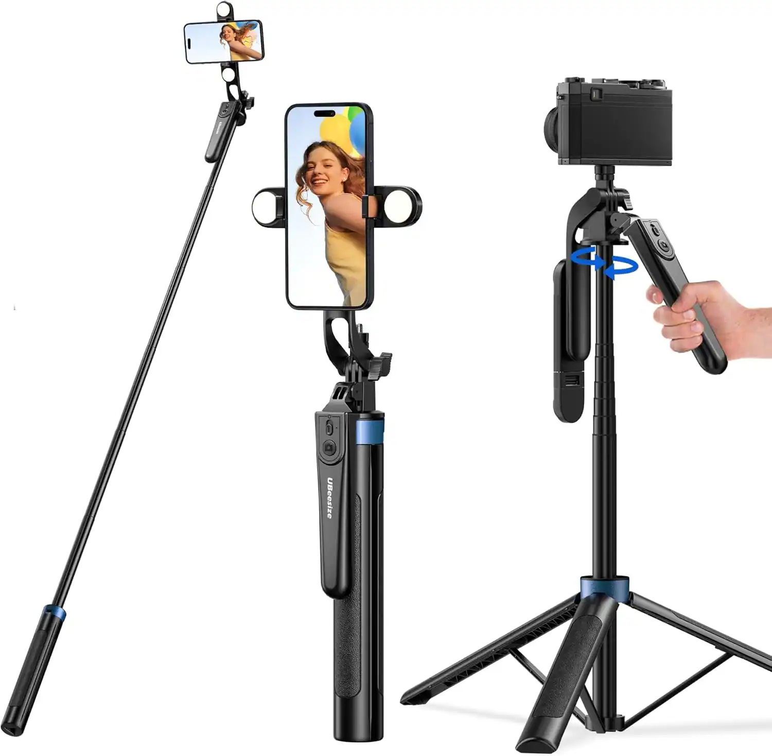 Front. Schertz - 64" Phone Tripod & Selfie Stick with Light – Extendable Stand with Remote for iPhone, Android, GoPro & Cameras.