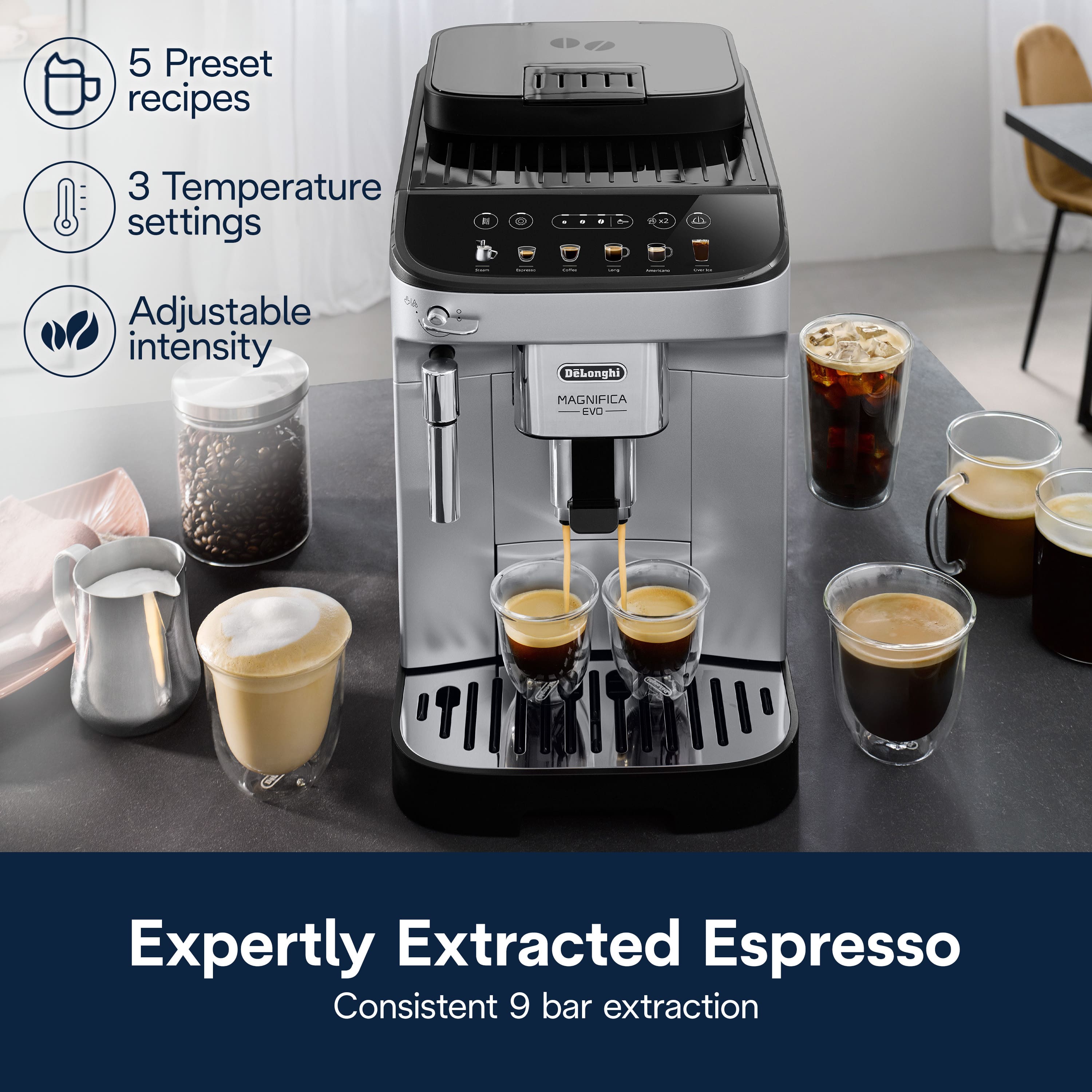 The image features a coffee maker with a variety of cups and beans displayed around it. The coffee maker is described as an expertly extracted espresso machine, with 5 preset recipes and 3 temperature settings. The machine also has adjustable intensity and is made by Dalonghi MAGNIFILA EVO. The image emphasizes the consistent 9 bar extraction, which is essential for making high-quality coffee.