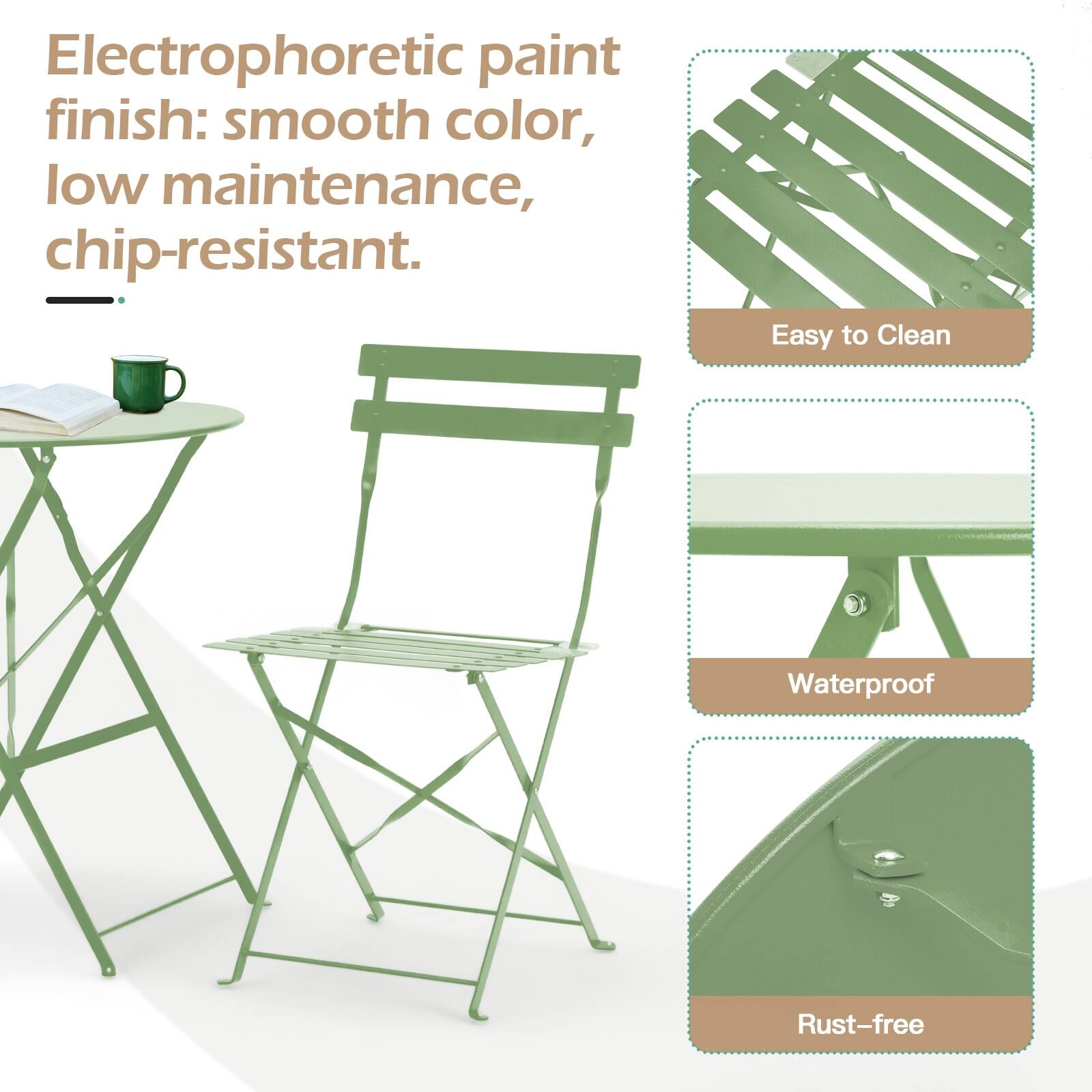 Electrophoretic paint finish: smooth color, low maintenance, chip-resistant.

- Easy to Clean
- Waterproof
- Rust-free