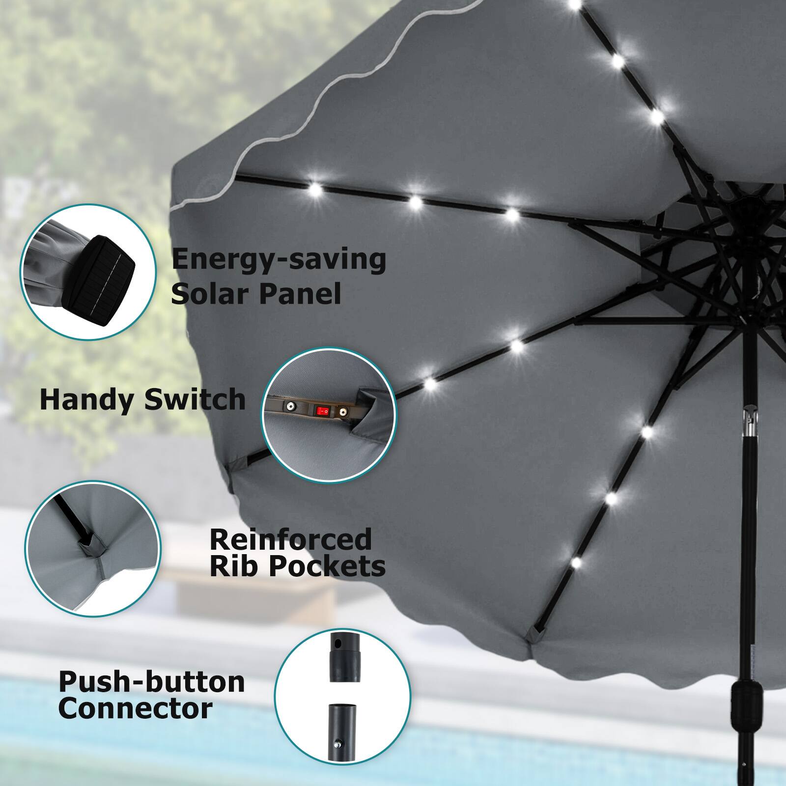 Energy-saving Solar Panel  
Handy Switch  
Reinforced Rib Pockets  
Push-button Connector