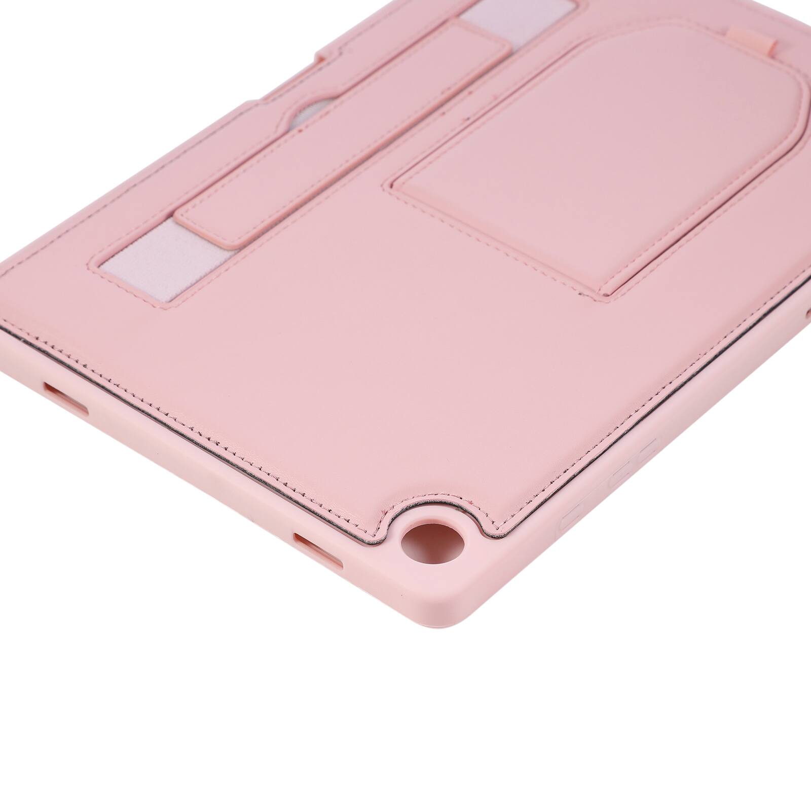 Left. Dteck - Shockproof Case for Samsung Galaxy Tab A11+ with Hand Strap and Foldable Kickstand, PU Leather TPU Protective Cover - Pink.