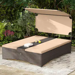 Costway - Outdoor Daybed with Adjustable Backrests 2-Person PE Rattan Patio Bed with Canopy - Brown