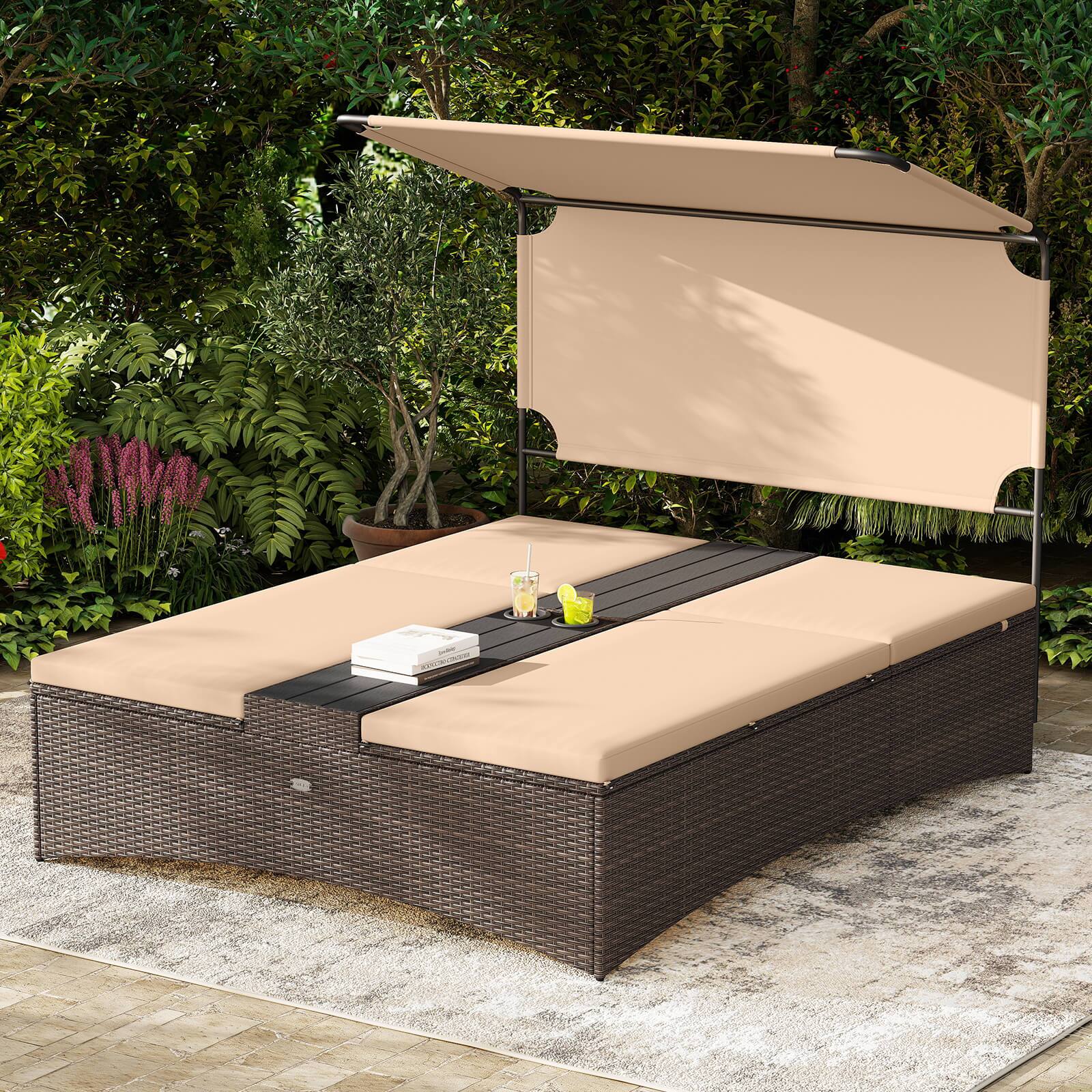 Alt View 1. Costway - Costway Outdoor Daybed with Adjustable Backrests 2-Person PE Rattan Patio Bed with Canopy - Brown.