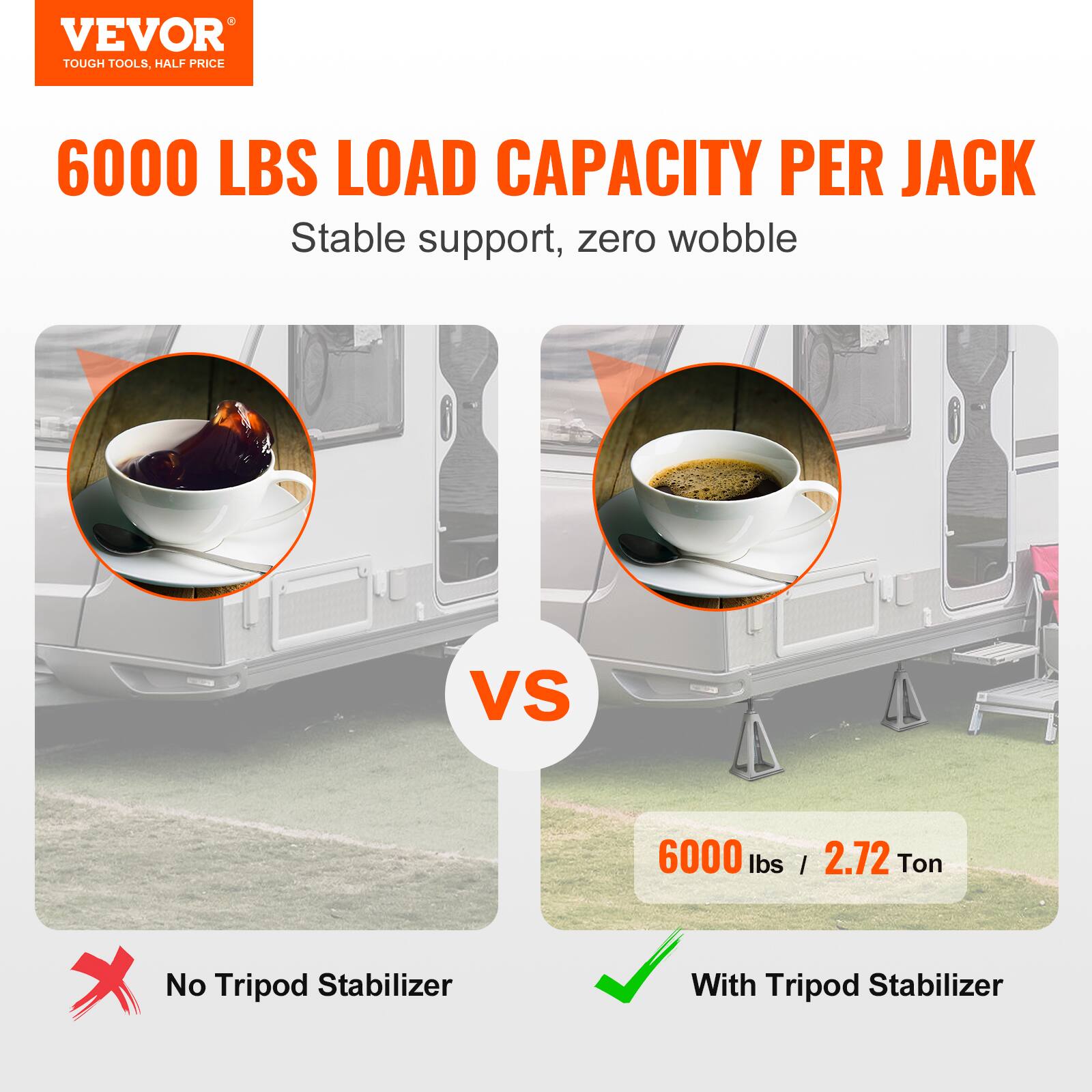 VEVOR TOUGH TOOLS, HALF PRICE  
6000 LBS LOAD CAPACITY PER JACK  
Stable support, zero wobble  

VS  

6000 lbs / 2.72 Ton  

No Tripod Stabilizer  
With Tripod Stabilizer