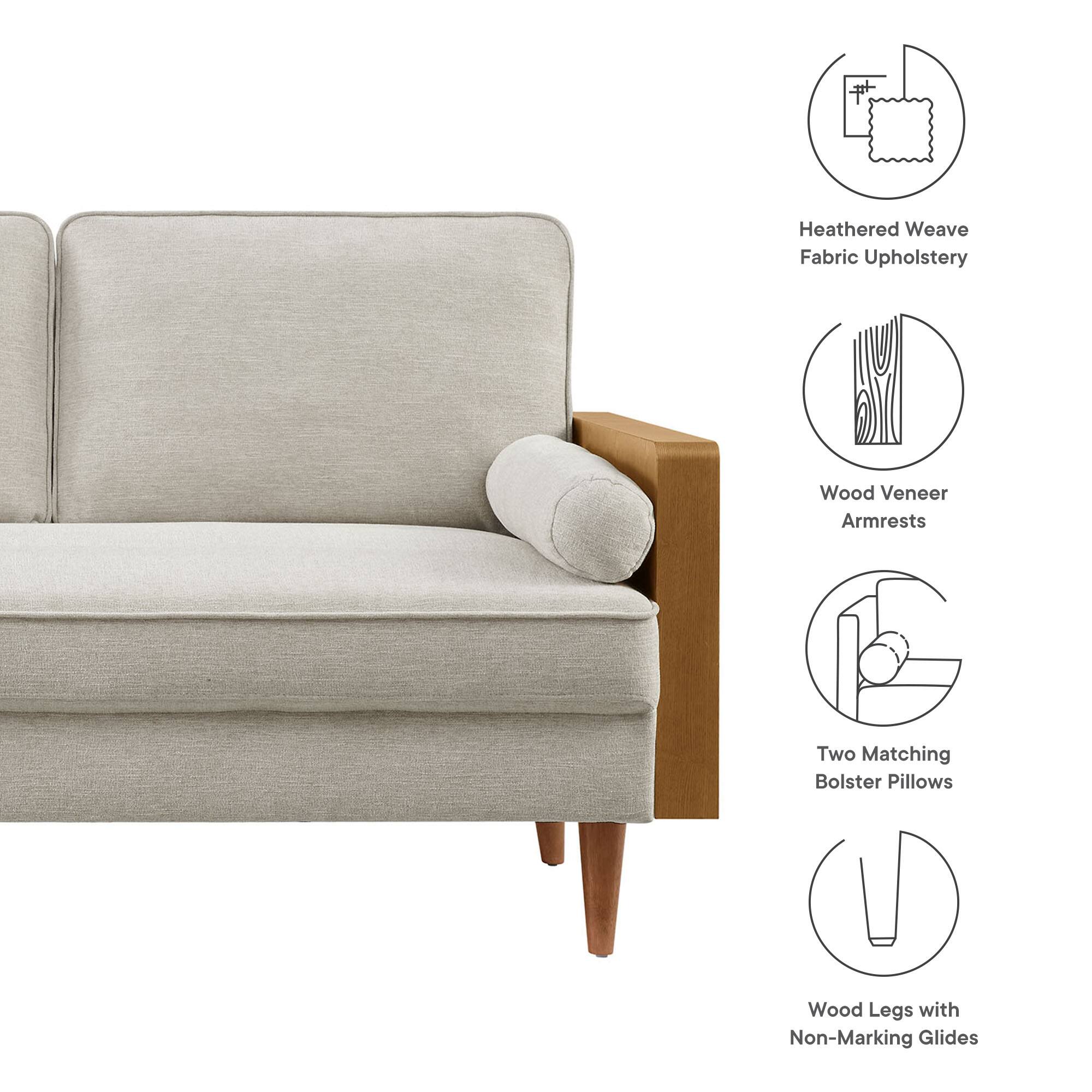 Heathered Weave Fabric Upholstery  
Wood Veneer Armrests  
Two Matching Bolster Pillows  
Wood Legs with Non-Marking Glides