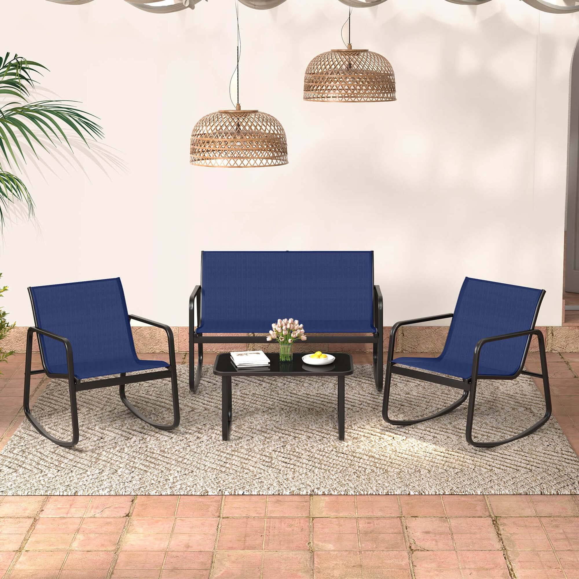 Alt View 4. Costway - 4 PCS Patio Rocking Set 2 Rocking Chairs & Loveseat with Glass-Top Table Outdoor - Navy,Black.