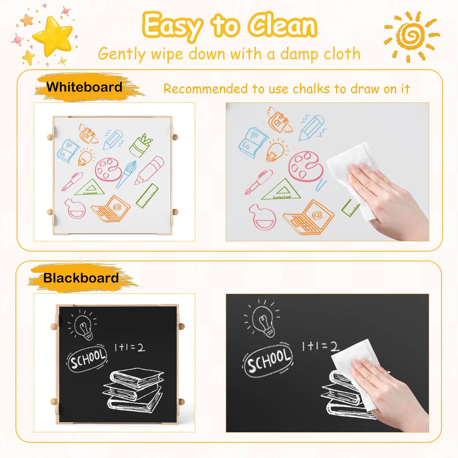 Easy to Clean  
Gently wipe down with a damp cloth  

Whiteboard  
Recommended to use chalks to draw on it  

Blackboard  
1+1=2  
SCHOOL