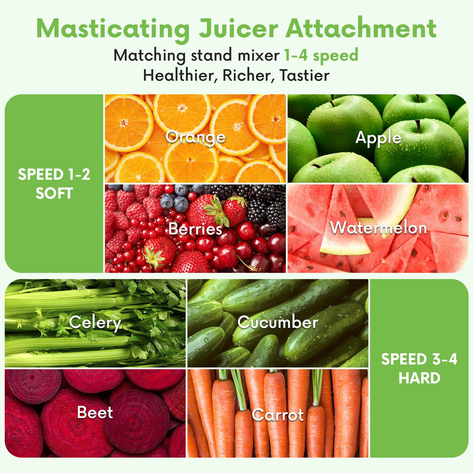 Masticating Juicer Attachment  
Matching stand mixer 1-4 speed  
Healthier, Richer, Tastier  

SPEED 1-2 SOFT  
- Orange  
- Apple  
- Berries  
- Watermelon  
- Celery  
- Cucumber  

SPEED 3-4 HARD  
- Beet  
- Carrot