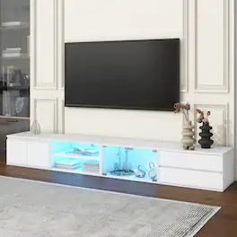 APRILSOUL - Modern APP Controlled LED TV Stand for TVs Up to 105in Faux Marble Tabletop Media Console Glass Doors 2 Drawers Cabinets - White