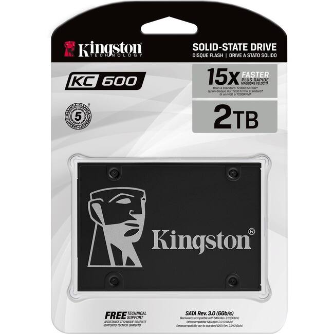 Kingston TECHNOLOGY KC 600
SOLID-STATE DRIVE
DISQUE FLASH | DRIVE A STATO SOLIDO
15X FASTER
PLUS RAPIDE
MADGIORE VELOCITA
than a standard 7200RPM HDD*
q'un disque de 7200 RPM standard*
a un HDD 7200RPM
2TB
FREE TECHNICAL SUPPORT
ASSISTANCE TECHNIQUE GRATUITE
SUPPORTO TECNICO GRATUITO
SATA Rev. 3.0 (6Gb/s)
Retrocompatible con standard SATA Rev. 2.0 (3Gb/s)
Retrocompatible con standard SATA Rev. 1.0 (1.5Gb/s)
5 YEARS WARRANTY