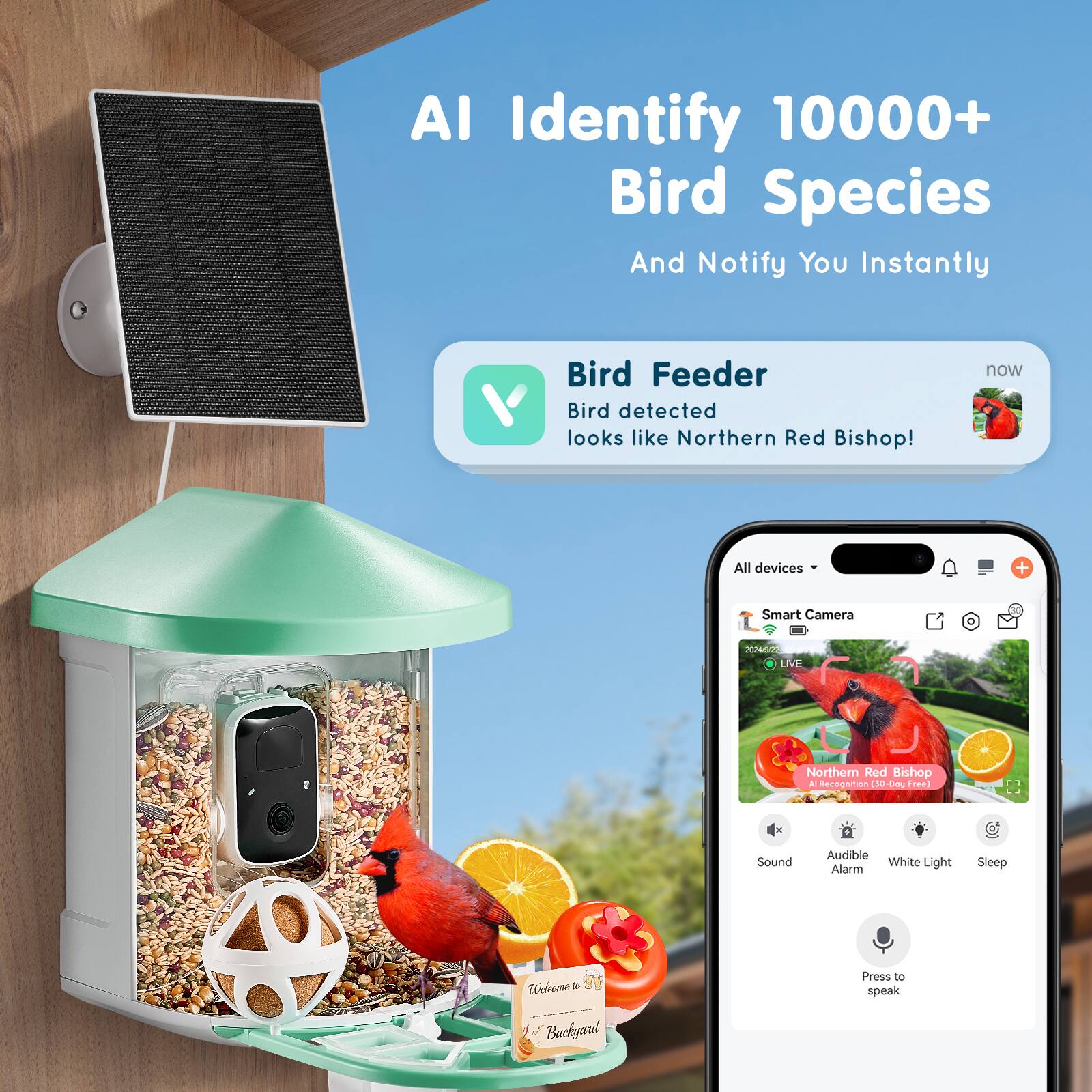 AI Identify 10,000+ Bird Species And Notify You Instantly

Bird Feeder
Bird detected looks like Northern Red Bishop!

All devices + Smart Camera
2014 LVE Northern Red Bishop A Recognition 50-0- Free
Sound Audible White Light Alarm Sleep
Press to speak Backyard