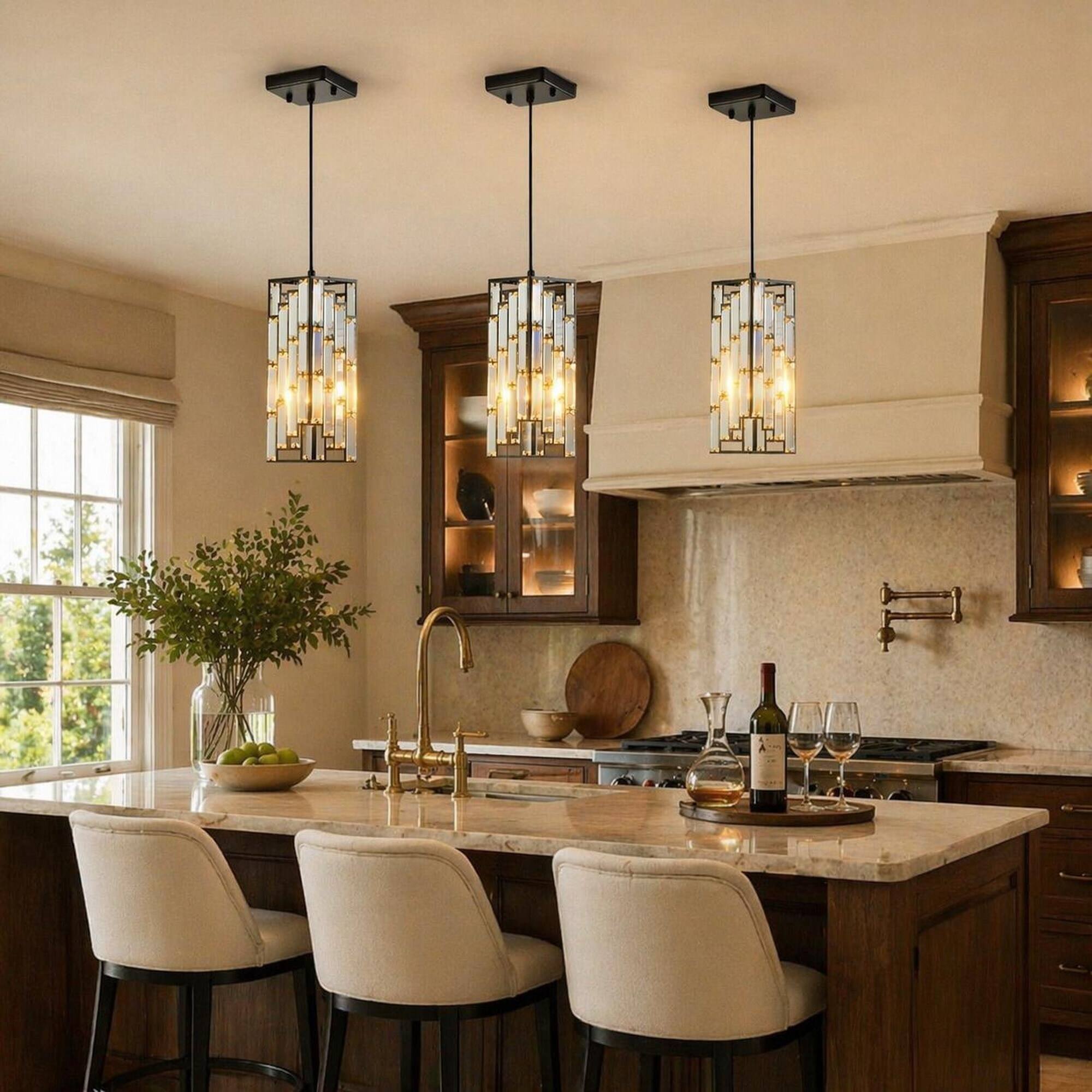 Alt View 1. RYHNUYNE - Modern Crystal Pendant Light 3-Pack, Adjustable Hanging Ceiling Lamp with Prism Shades, Black Finish for Dining Room.