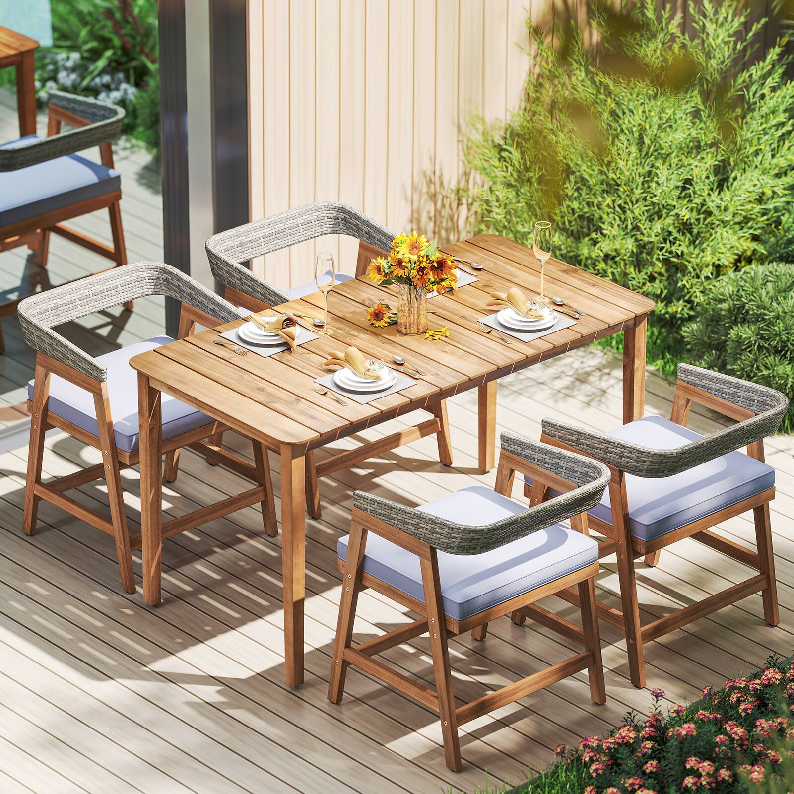 Alt View 4. Gymax - Gymax 5PCS Patio Dining Set Solid Wood Furniture w/ Rattan Backrest & Seat Cushions - Mix Gray.