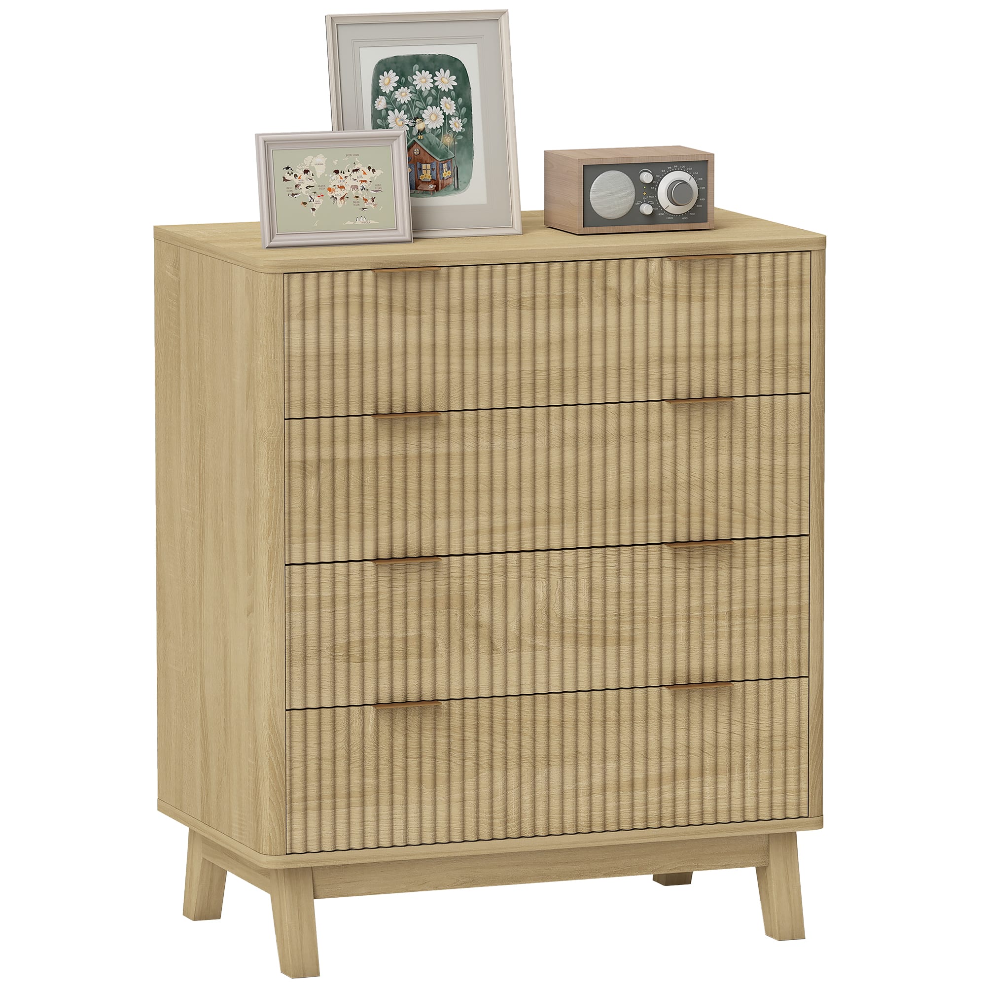 Homcom - Fluted Dresser for Bedroom with 4 Drawers, 28" Wide Chest of Drawers with Gold Finger Pulls and 4 Wood Legs - Natural Wood