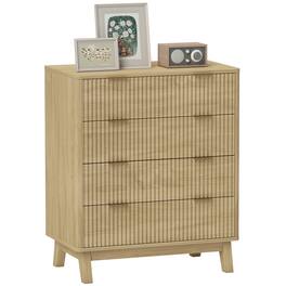 Homcom - Fluted Dresser for Bedroom with 4 Drawers, 28" Wide Chest of Drawers with Gold Finger Pulls and 4 Wood Legs - Natural Wood