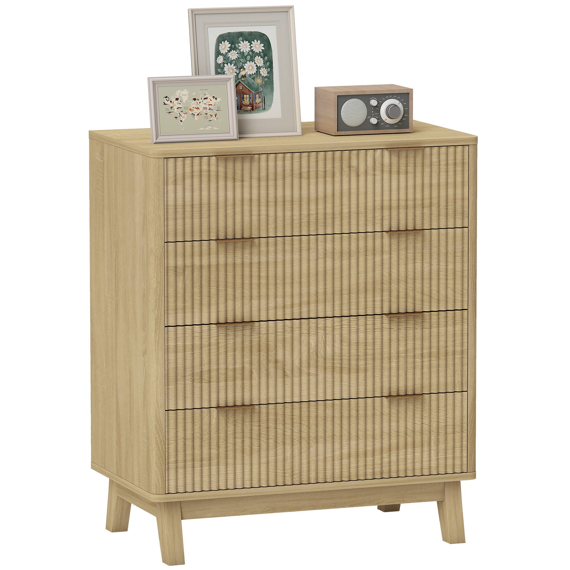 Homcom - Fluted Dresser for Bedroom with 4 Drawers, 28" Wide Chest of Drawers with Gold Finger Pulls and 4 Wood Legs - Natural Wood