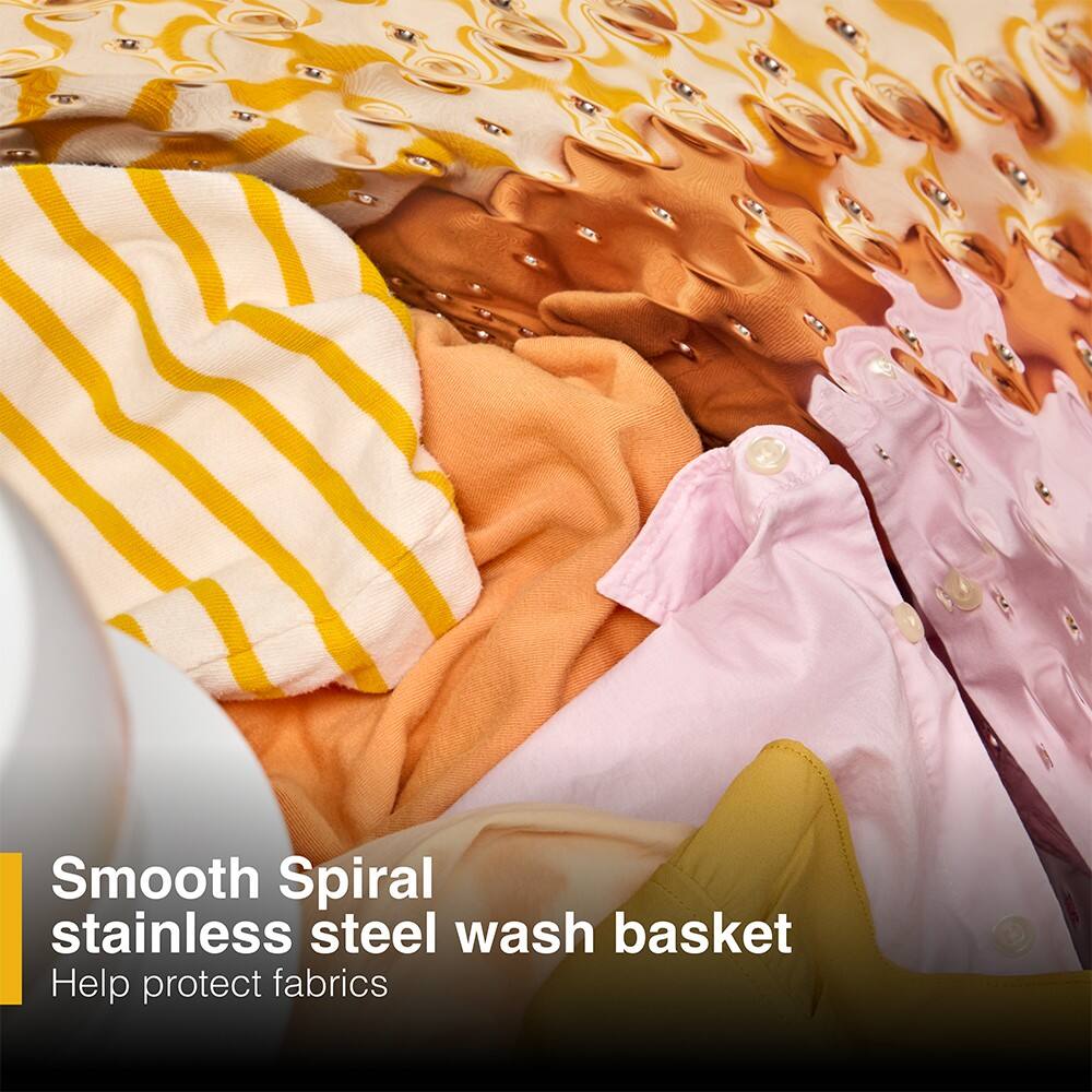 Smooth Spiral stainless steel wash basket helps protect fabrics.