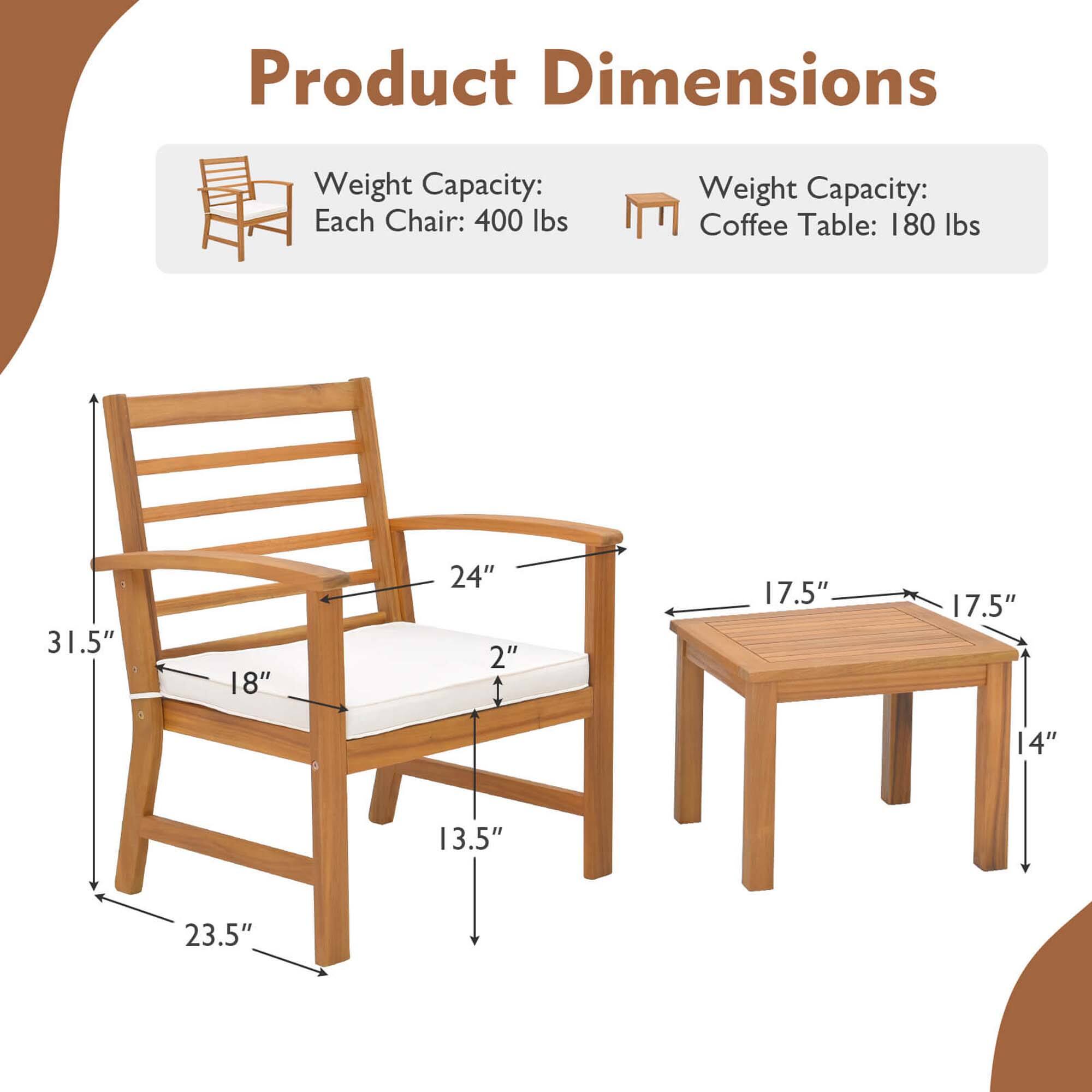 Product Dimensions

Weight Capacity:
Each Chair: 400 lbs
Coffee Table: 180 lbs

31.5"
18"
24"
2"
17.5"
17.5"
14"
13.5"
23.5"