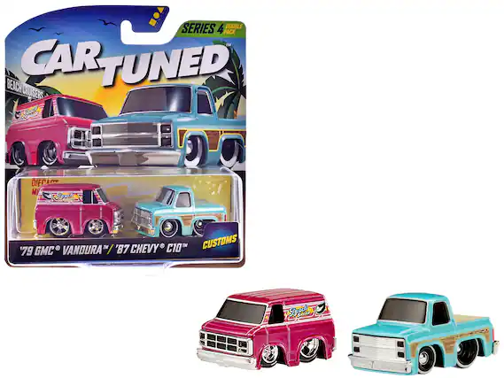 Sure, here is the corrected and grouped text from the image:
---
**CAR TUNED**
**BEACH CRUISERS**
**SERIES 4 DOUBLE PACK**
**'79 GMC VANDURA™ / '87 CHEVY C10™ CUSTOMS**
**DIECAST**
**CUSTOMS**
**'79 GMC VANDURA™ / '87 CHEVY C10™**
**Beach Cruiser**
**Beach Cruiser**
---