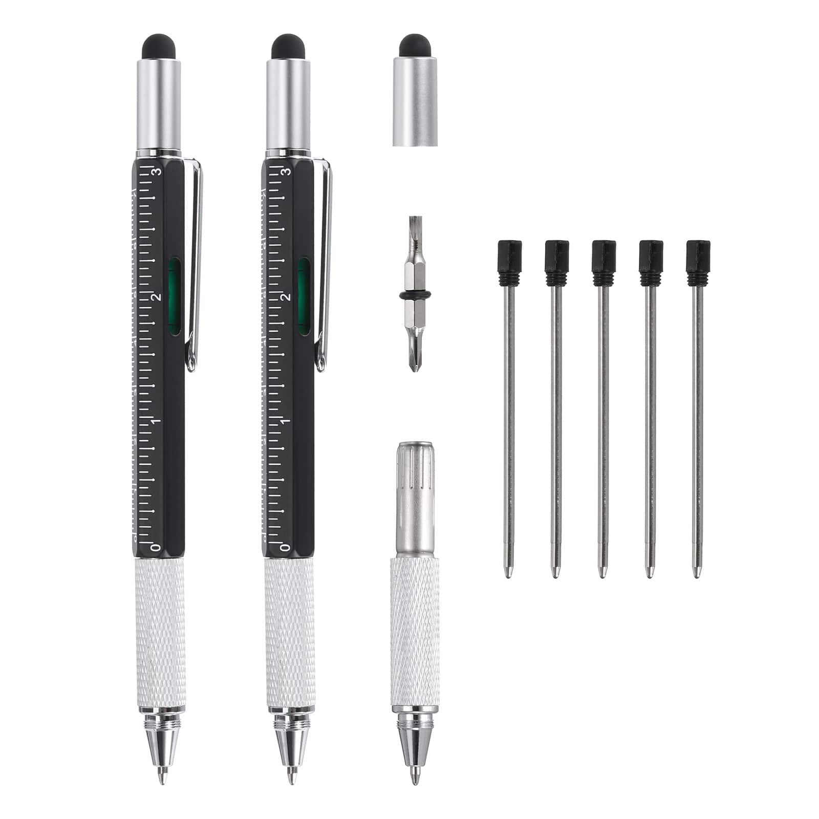Unique Bargains - 2pcs 6 in 1 Metal Multitool Tech Tool Pen with Ballpoint Pen, Ruler, Screwdriver, Stylus, Level Gauge, Refills - Black
