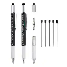 Front. Unique Bargains - 2pcs 6 in 1 Metal Multitool Tech Tool Pen with Ballpoint Pen, Ruler, Screwdriver, Stylus, Level Gauge, Refills - Black.