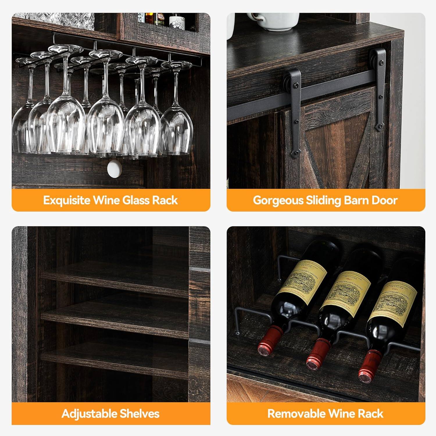 Exquisite Wine Glass Rack  
Gorgeous Sliding Barn Door  
Adjustable Shelves  
Removable Wine Rack