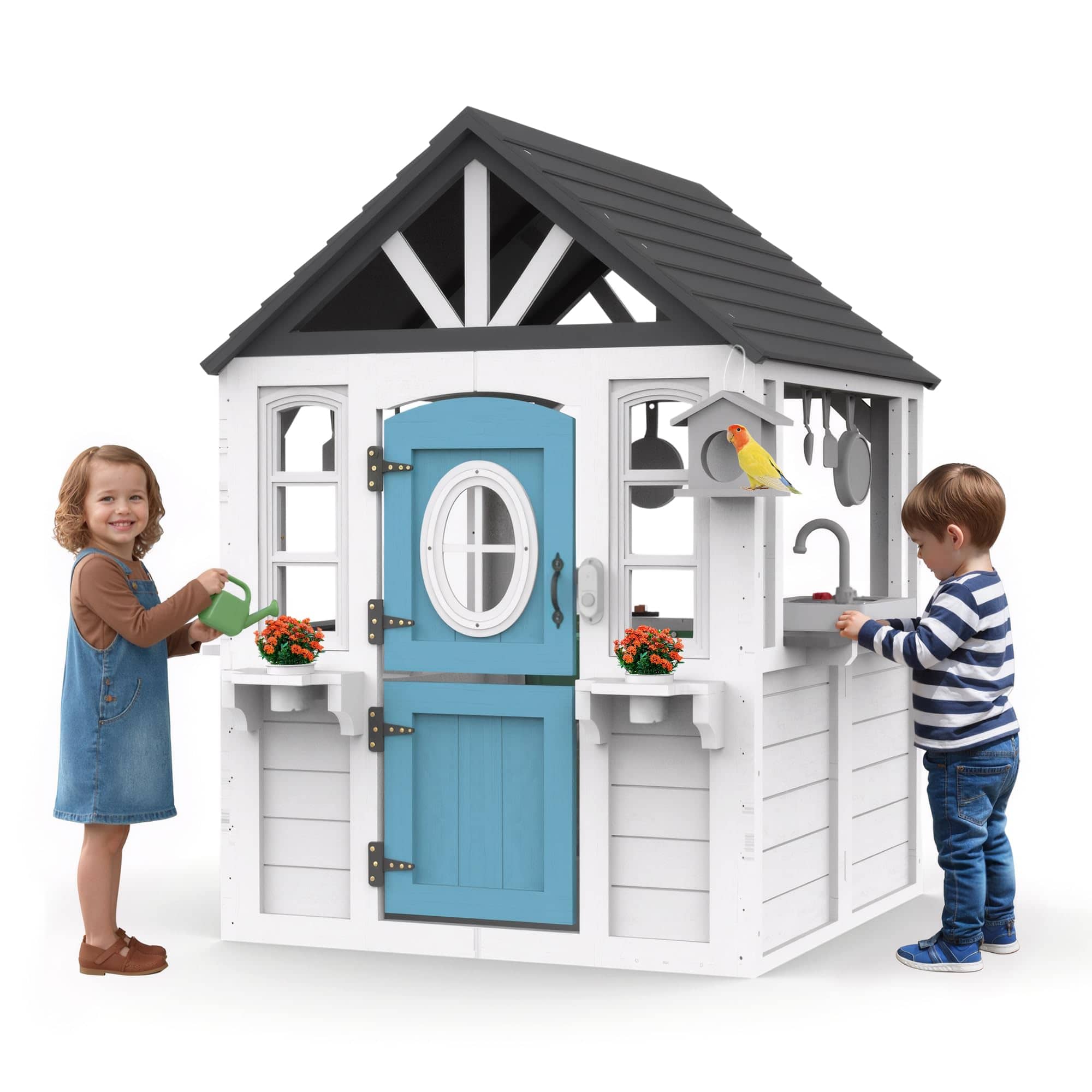 Segmart - Kids Playhouse Outdoor,Cedar Wooden Play House for Kids Ages 3-6, with Dutch Door, Play Kitchen, Interactive Doorbell - White
