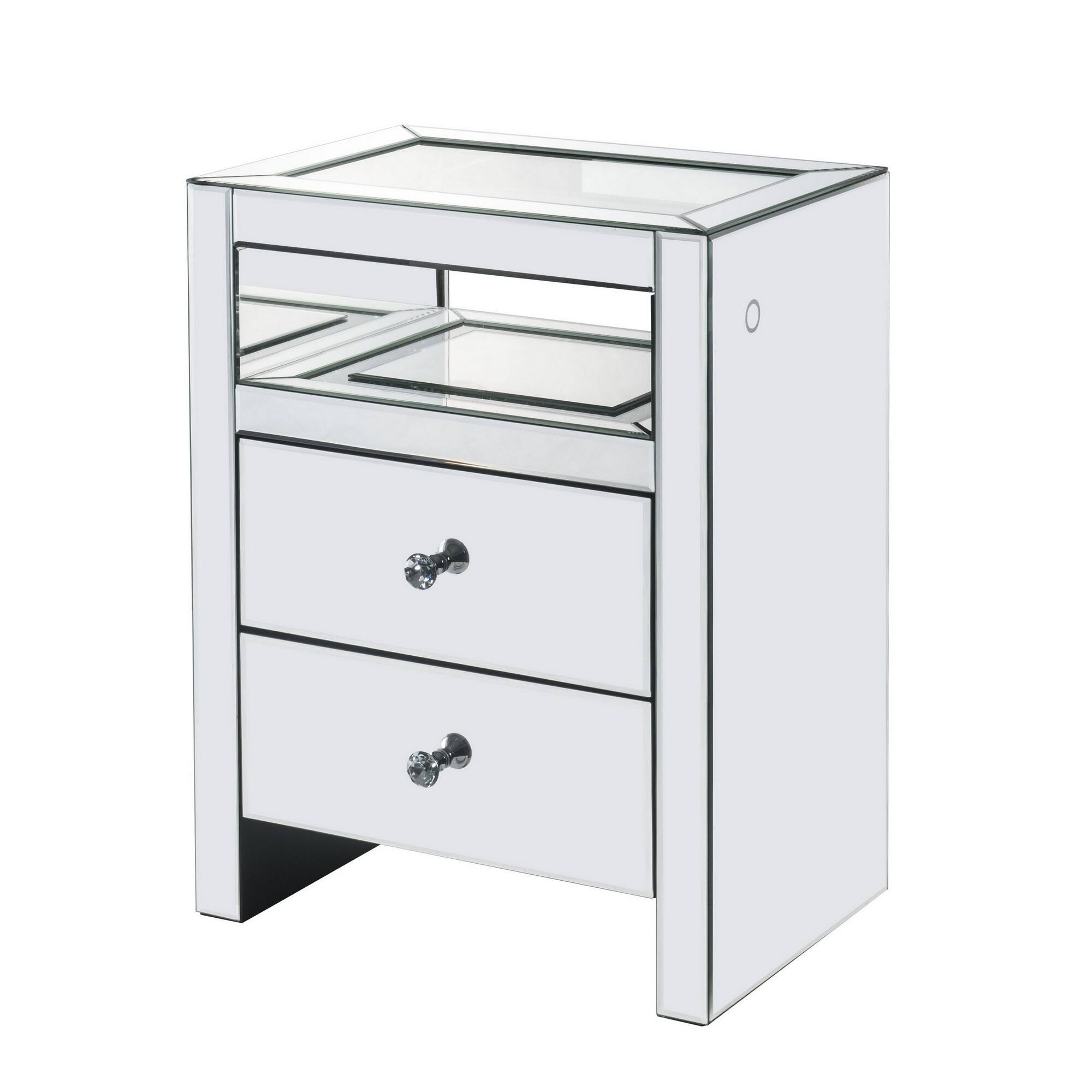 Front. Manhattan Lane - 2 Drawer Beveled Mirrored Accent Table with Glass Top and LED - Silver.