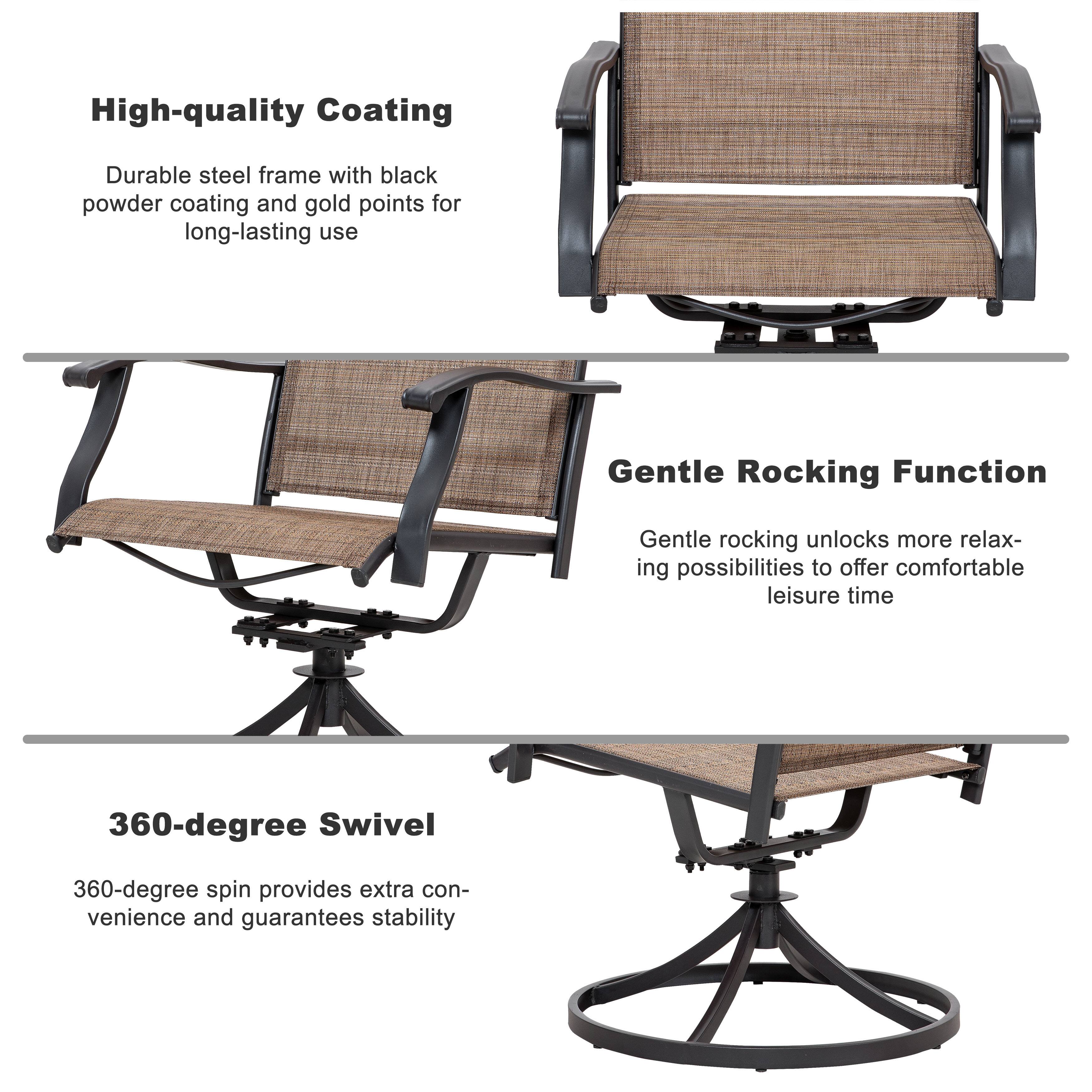 High-quality Coating  
Durable steel frame with black powder coating and gold points for long-lasting use  

Gentle Rocking Function  
Gentle rocking unlocks more relaxing possibilities to offer comfortable leisure time  

360-degree Swivel  
360-degree spin provides extra convenience and guarantees stability