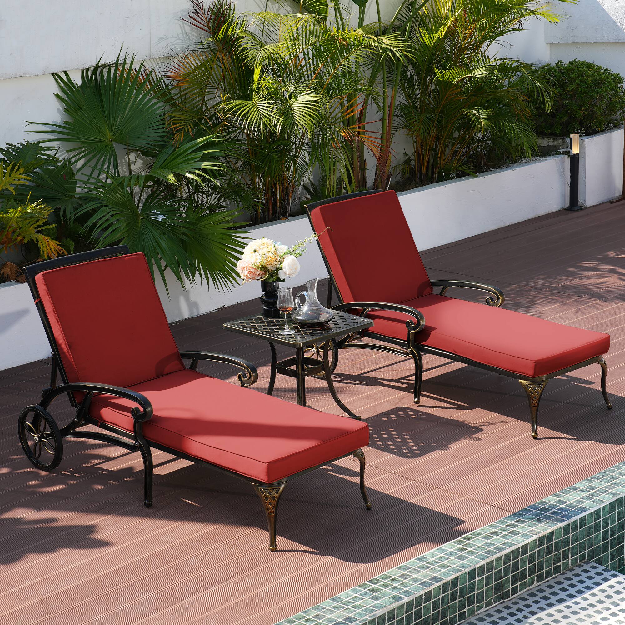 Left. Mondawe - 3-Piece Aluminum Reclining Chaise Lounge Set with ast Aluminum Side Table and Cushion - Bronze.