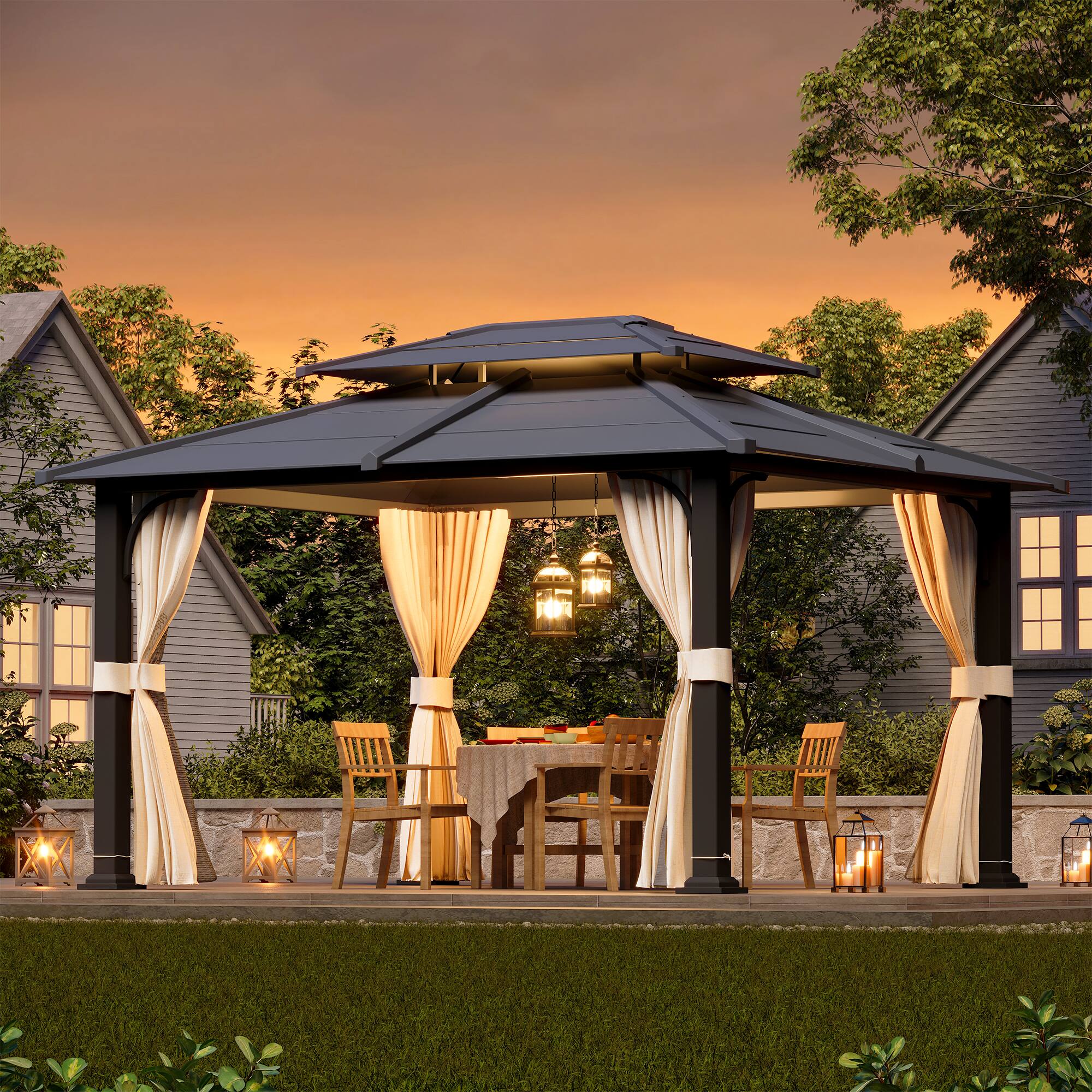 Left. U-HOMY - Anti-Rust Iron Hardtop Gazebo | All-Weather Enclosed Sun Shelter - 12' x 14'.