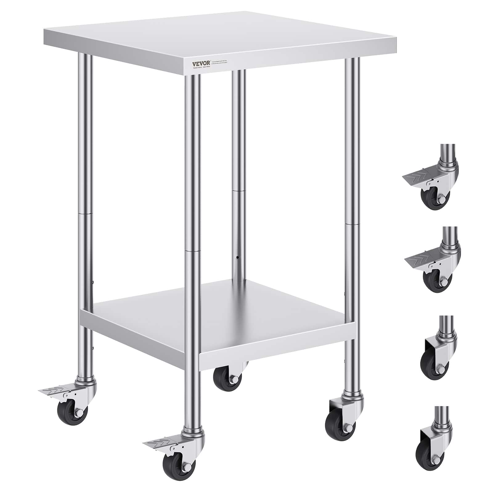 VEVOR - Stainless Steel Work Table 24 x 24 x 38 Inch, 700 LBS Load Capacity with 4 Wheels, 3 Adjustable Height Levels - Silver