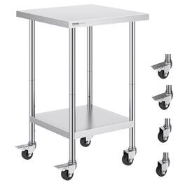 VEVOR - Stainless Steel Work Table 24 x 24 x 38 Inch, 700 LBS Load Capacity with 4 Wheels, 3 Adjustable Height Levels - Silver