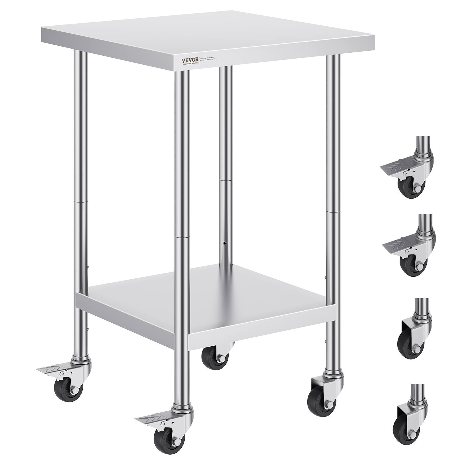 Front. VEVOR - Stainless Steel Work Table 24 x 24 x 38 Inch, 700 LBS Load Capacity with 4 Wheels, 3 Adjustable Height Levels - Sliver.