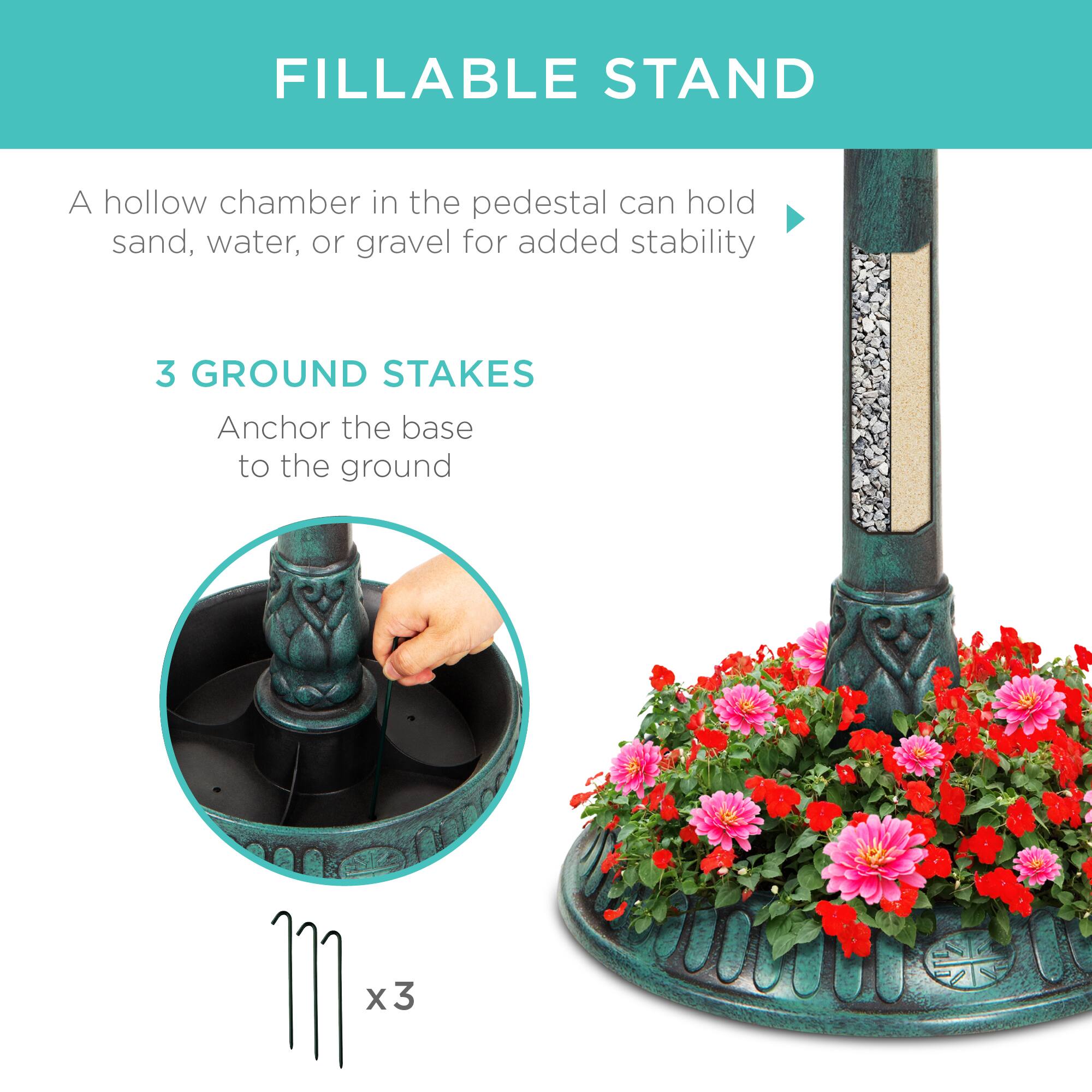 FILLABLE STAND

A hollow chamber in the pedestal can hold sand, water, or gravel for added stability

3 GROUND STAKES

Anchor the base to the ground

x3