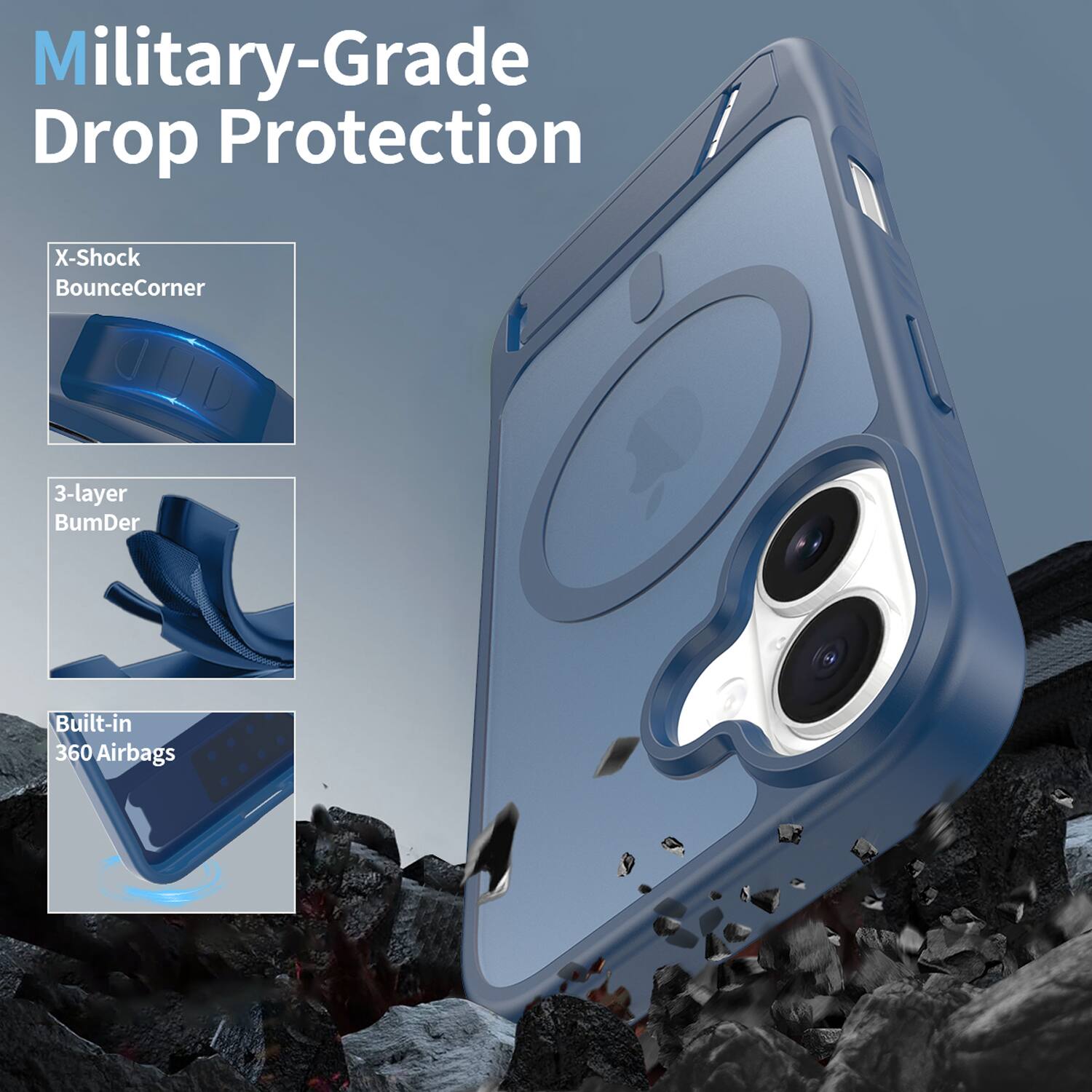 Military-Grade Drop Protection  
X-Shock BounceCorner  
3-layer BumDer  
Built-in 360 Airbags