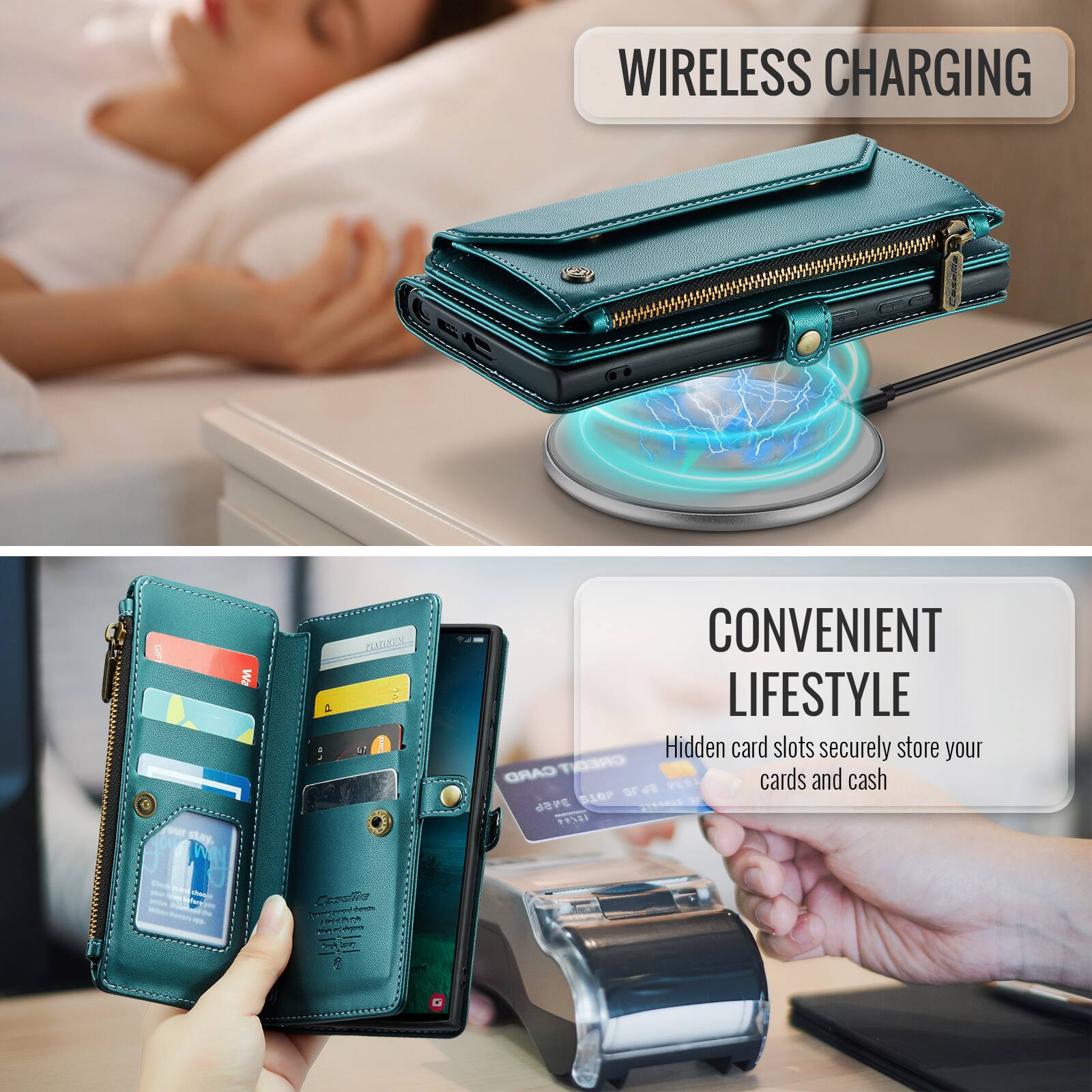 WIRELESS CHARGING

CONVENIENT LIFESTYLE

Hidden card slots securely store your CARD CREDIT cards and cash