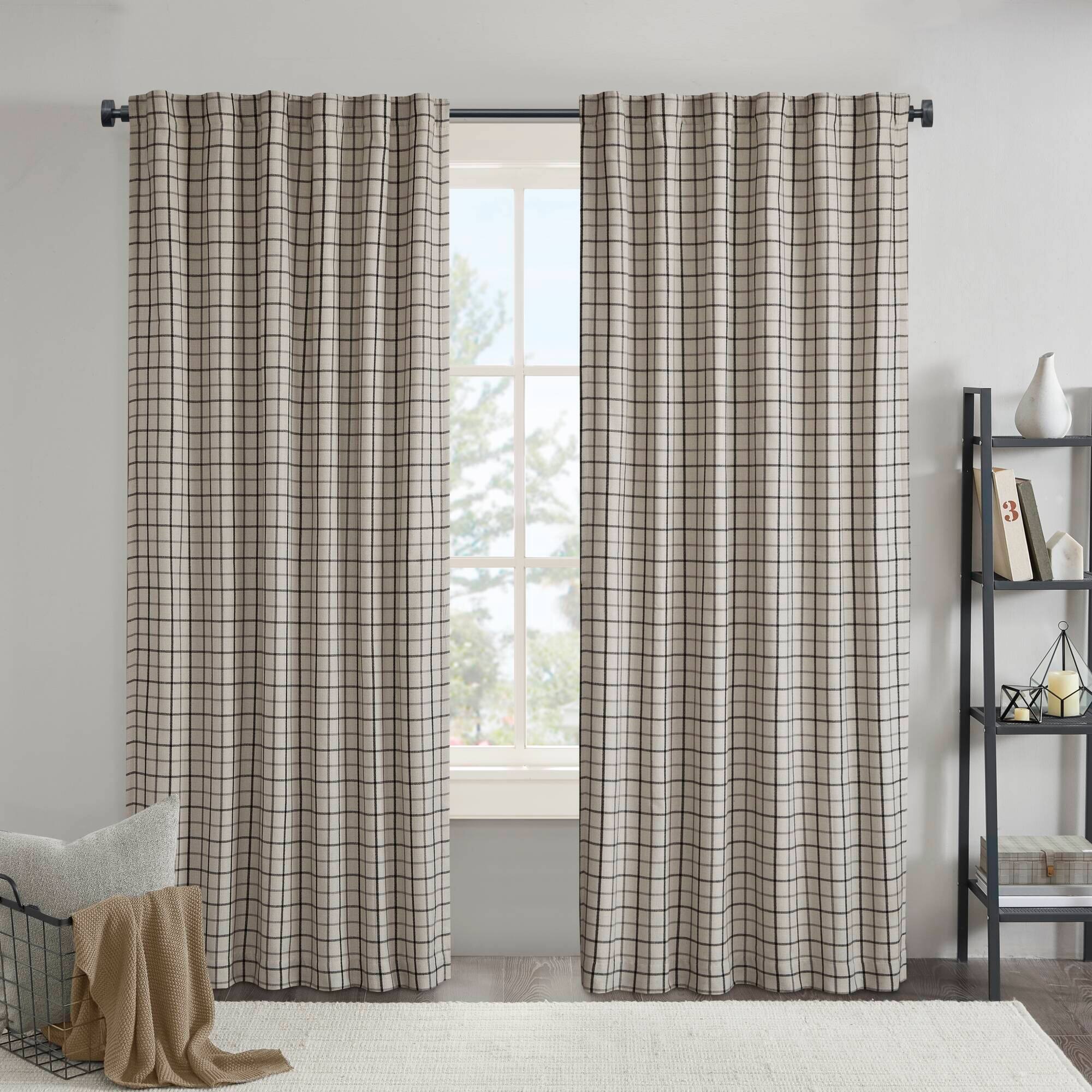 Front. BreeBe - 1PC 50x84' Plaid Rod Pocket and Back Tab Curtain Panel with Fleece Lining - Black.