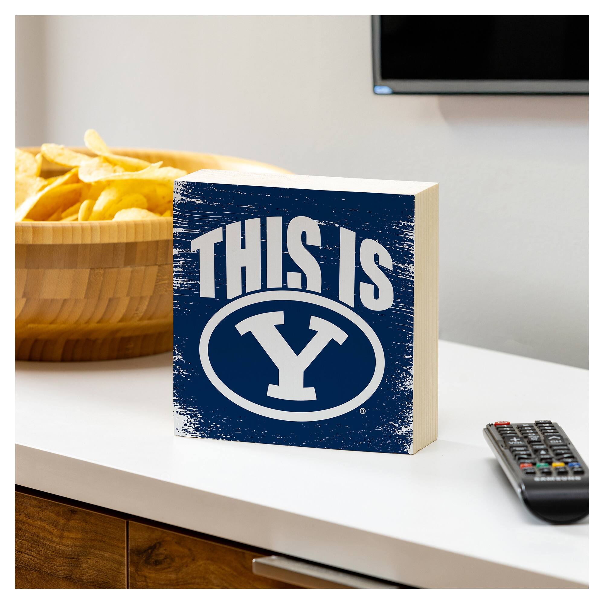 Alt View 2. Evergreen Enterprises - BYU Cougars 6" Square Fan Chant Wood Block Shelf Sign - Multicolor.