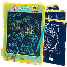 Sure! Here is the corrected and grouped text from the image:
---
**SpongeBob SQUAREPANTS**
**123**
**ABC**
**Bubbles**
**SpongeBob!**
**SQUAREPANTS**
**ABC**
**123**
**ABC**
**Bubbles**
**SpongeBob!**
**SQUAREPANTS**
---
This text is taken from the visible parts of the image, including the title, numbers, and words on the chalkboard and the cards.