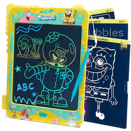 Sure! Here is the corrected and grouped text from the image:
---
**SpongeBob SQUAREPANTS**
**123**
**ABC**
**Bubbles**
**SpongeBob!**
**SQUAREPANTS**
**ABC**
**123**
**ABC**
**Bubbles**
**SpongeBob!**
**SQUAREPANTS**
---
This text is taken from the visible parts of the image, including the title, numbers, and words on the chalkboard and the cards.