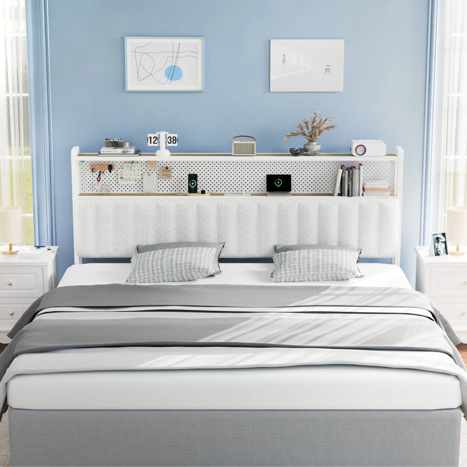 Alt View 9. Winado - King Size Adjustable Upholstered Headboard Only with 2 Tier Shelves and Pegboard with Charging Stations and LED Lights - Linen & White.