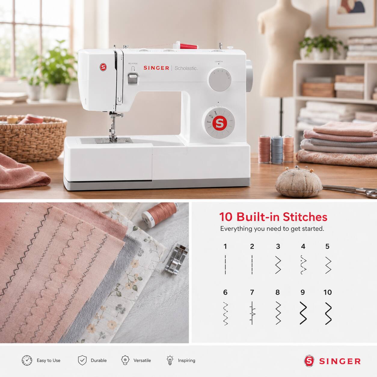 SINGER Scholastic

10 Built-in Stitches
Everything you need to get started.

1 2 3 4 5
6 7 8 9 10

Easy to Use
Durable
Versatile
Inspiring