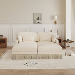 Anysun - Modular Comfy Leopard Printing Loveseat with Exquisite Tassel Trimmings and 2 Movable Ottomans - Beige